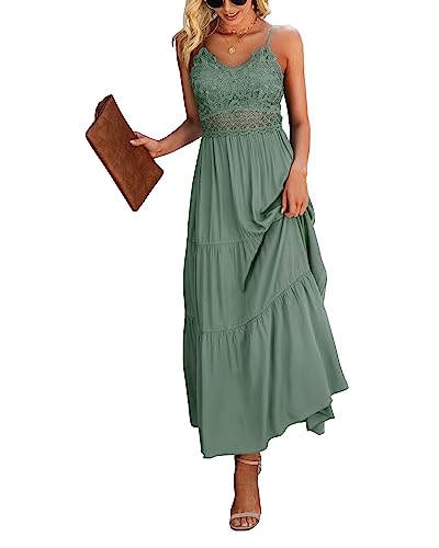 Dokuritu Beach Crochet Lace Maxi Dress Vacation Boho Wedding Guest Spaghetti Strap Long Holiday Dress Summer Dresses for Women 2024(SproutGreen,S)