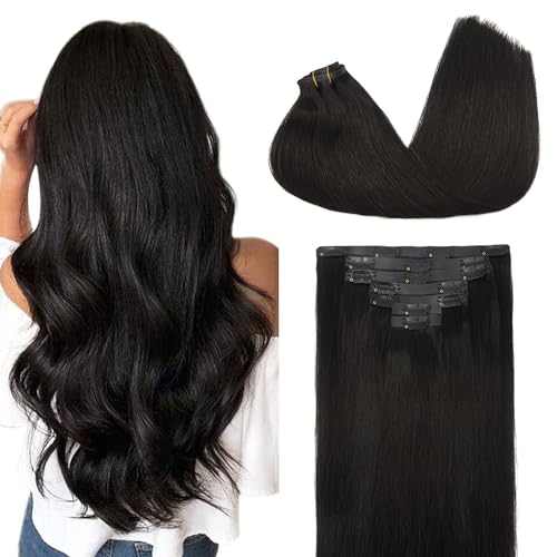 GOO GOO Clip in Hair Extensions Real Human Hair, Remy Human Hair Extensions Clip ins for Women, Natural Human Hair, 24inch 160g 7Pcs, 1B Natural black