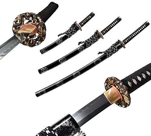 Lyuesword Hand Forged Japanese Clay Tempered Katana Wakizashi Tanto Set 3 Piece Real Cut