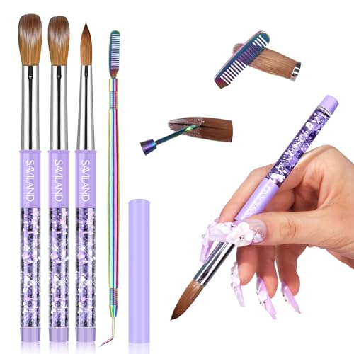 SAVILAND Kolinsky Acrylic Nail Brush Set: Size 6,10,14 Professional Nail Brushes Cleaner Manicure Tool for Acrylic Application Acrylic Powder Nail Extension 3D Nail Carving for Nail Art DIY