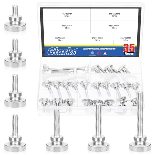 Glarks 35pcs M6 x 10/12/16/20/25/30/40MM Knurled Round Thumb Screws, Fully Threaded Thumb Screw Bolts, Flat Knurled Head Thumb Screws Bolts, Shoulder Grip Knobs Fasteners for Electronic, Mechanical