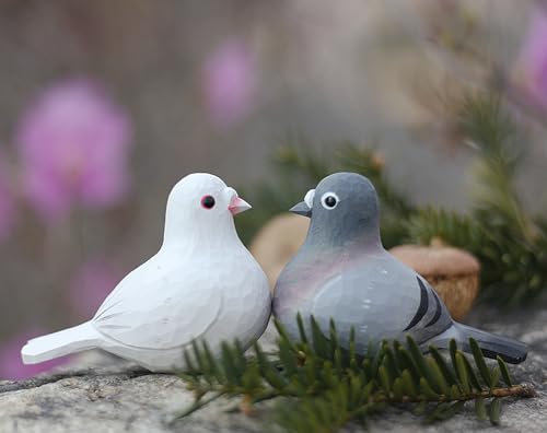 TALKLEK Cute Hand Carved Small Wooden Pigeon Figurines Wood Pigeon Statues for Home Decor Pigeon Ornaments for Shelf Decor (White and Grey Pigeon)