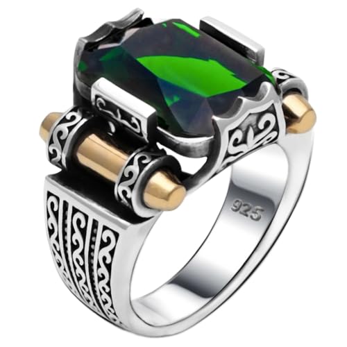 Genuine Solid 925 Sterling Silver Ring for Men, Accented with Bronze, Faceted Simulated Green Emerald Stone, Vintage Turkish Ottoman Style (Simulated Emerald, 8)