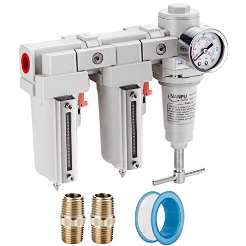 NANPU 1/2" NPT T-Handle High Pressure Air Drying System - Double 5 Micron Particulate Filter & Air Pressure Regulator Piston Combo, Semi-Auto Drain＆Gauge