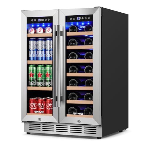 ORYMUSE 24 Inch Dual Zone Wine and Beverage Refrigerator, Built-in or Freestanding Cooler with French Doors, Drink Fridge with Upgraded Compressor for Beer, Wine, and Soda