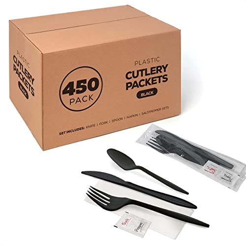 450 Plastic Cutlery Packets - Knife Fork Spoon Napkin Salt Pepper Sets | Black Plastic Silverware Sets Individually Wrapped Cutlery Kits, Plastic Utensil Cutlery Set Disposable Bulk To Go Silverware