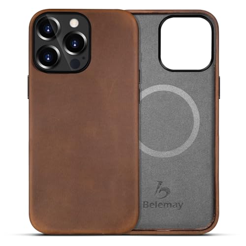 Belemay for iPhone 12 & 12 Pro Leather Case - Magsafe - Top Grain Vintage Crazy Horse Leather - Metal Buttons & Camera Bezel Bump - Slim Fit - Premium Phone Cover (6.1-inch) Retro Brown