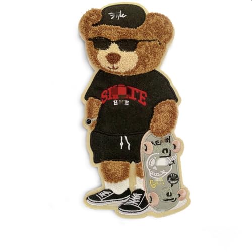 JRYYR 28cm*14cm Skateboard Teddy Bear Patch,Applique Cartoon, Bear Chenille Patch Applique,for Clothing, Sweater, Home Textile, sew on Patches for Backpacks Applique (Style 6)