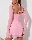 HTZMO Sexy Women's Halter Flounce Sleeves Ruched Mini Dress Sheer Mesh Side Split Cute Party Short Dresses Pink XS