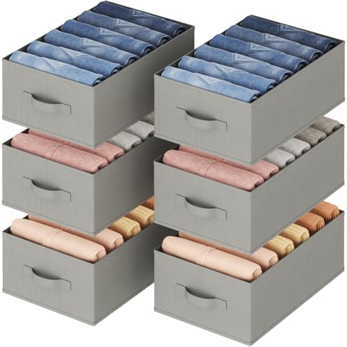 Lifewit Wardrobe Clothes Organizer 6 Pack, Large Size 6 Grids Closet Jean Storage Bins with Handles and Support Boards, Foldable Drawer Dividers for Sweater, Pants, T-shirt, Hoodie, Dress, Grey