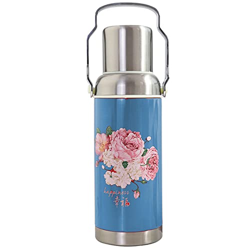 Double wall vacuum cup bottle, Chinese retro travel thermos, portable creative home thermos (Blue)