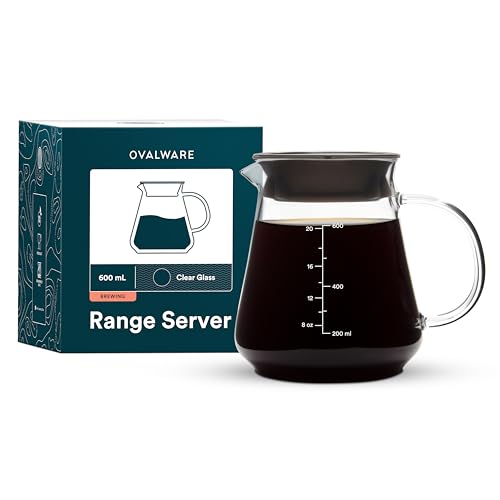 Glass Range Coffee Server For Pour Over Coffee & Tea - 600ml/20oz Ovalware Microwave Safe & Heatproof 2.5mm Thick Glass Body