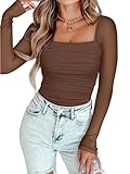 PINKMSTYLE Women's Square Neck Mesh Long Sleeve Bodysuit Going Out Tops Sheer Sexy Club Outfits Party Shirts Coffee XX-Large