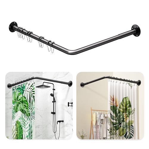 L Shaped Shower Curtain Rod - [23''-53''] x [23''-53''] Adjustable Corner Shower Curtain Rod 90 Degree Black for Bathroom Bathtub, Clothing Store with 12 Ring Hooks & Ceiling Support