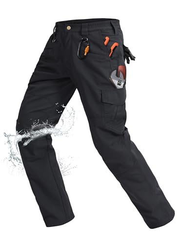 Rapoo Cargo Pants for Men Water Resistant Hiking Work Tactical Military Army Casual Pants for Men with Pockets Mens Ripstop Construction Carpenter Outdoor Pants Outdoor Black 30Wx30L
