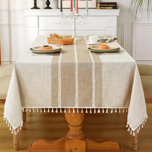 Laolitou Rustic Tablecloth Cotton Linen Waterproof Tablecloth Burlap Table Cloths for Kitchen Dining Cloth Table Cloth for Rectangle Tables Coffee Lines Rectangle,55''x70'',4-6 Seats