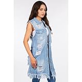 Songling Women's Distressed Ripped Sleeveless Mid Long Denim Jacket Jean Vest Cardigan Coats(Blue,M)