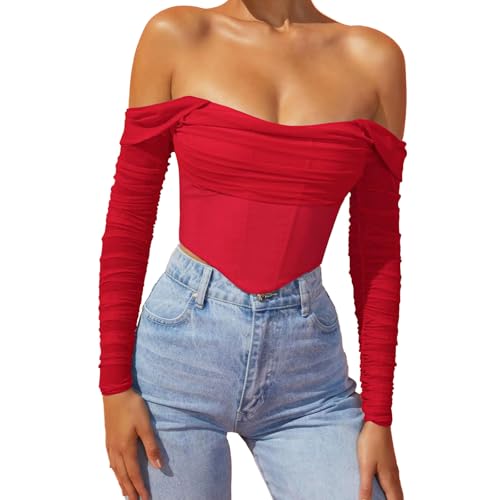 JSXZMMSM Womens Corset Top Sexy Strapless Long Sleeve Mesh Boned Bustier Party Going Out Concert Tops (US, Alpha, Medium, Regular, Short, Red)