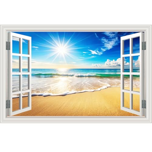 Fake Window Wall Mural Sticker Summer Ocean Beach Sea Faux Window Wall Art Picture Poster Decals Coastal Room Decor, Stick and Peel Landscape Natural Scenery Sunrise Seascape Scene（48"x32"）