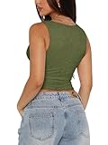 REORIA Womens Summer Tops Sexy V-Neck Sleeveless Double Lined Fashion Going Out Y2K Tank Tops Trendy Lace Slimming Crop Tops for Teen Girls Dark Green Medium