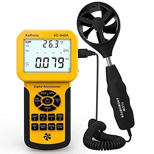 Kethvoz HVAC Anemometer CFM Wind Speed Meter, Digital Airflow Tester Measure Air Velocity Volume Temperature for AC System, Industrial Anemometro with Backlight MAX MIN AVG Data Storage 846A