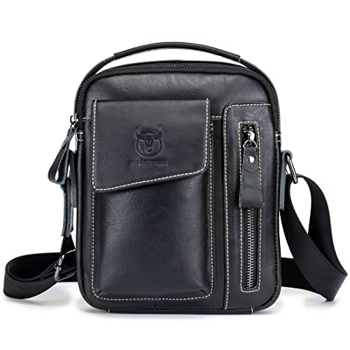 KPYWZER Genuine Leather Shoulder Bag Small Men Messenger Pack Handbag Sling Crossbody Bag Man Purse for Business Work Everyday Outdoor Travel Black