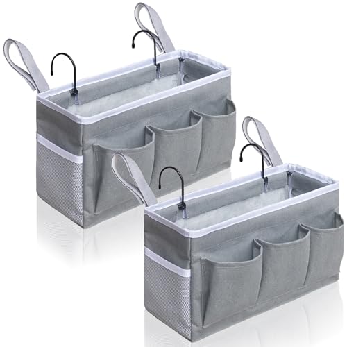 Kanrichu Bedside Caddy Storage Organizer - 2pcs Hanging Bag Holder with Pockets for Bedroom, Loft, Tent, Curtain, Bunk bed Shelf Accessories (Gray)