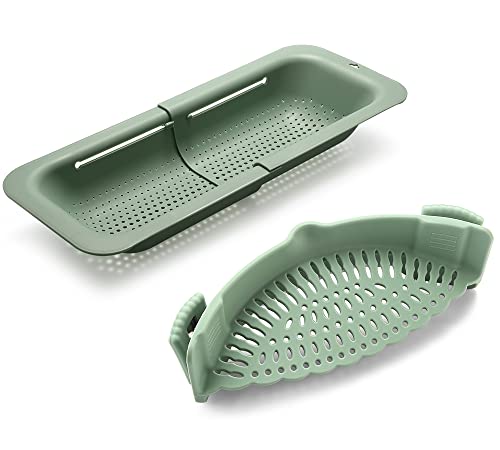 Adjustable Over the Sink Colander Strainer, Silicone Clip On Strainer for Pots Strainers and Plastic Colanders Drainer Basket for Food Pasta Vegetables Kitchen, Extendable 14.5"-19.5", Green