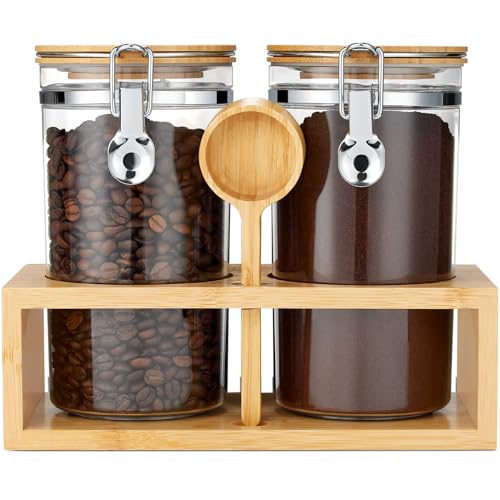 Yangbaga 2Pcs Coffee Sugar Canisters with Shelf, 38OZ Plastics Storage Containers for Ground Coffee Bean Storage with Lid Airtight Locking Clamp and Coffee Scoop, Food Storage Jar for Kitchen