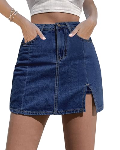 luvamia Skorts Skirts for Women Denim Mini Skirt Side Slit with High Wasited Jean Shorts Stretchy Jean Shorts Womens High Waisted Jean Shorts for Women Darkness Blue Size Large Size 12 Size 14