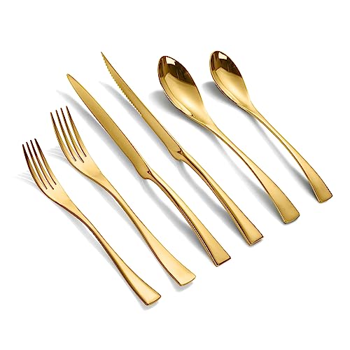 Lemeya 24-Piece Gold Silverware Set with Steak Knives,Forged 18/10 Stainless Steel Cutlery Set for 4,Modern Heavy Duty Flatware Utensils Set,Fork Spoon and Knives Set, Mirror Polished,Dishwasher Safe