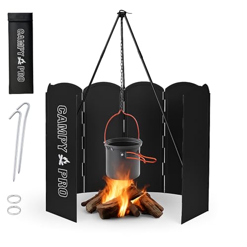 Campy Pro Black Camping Stove Windscreen, Tall 8-Panel Foldable Wind Blocker with Stakes & Bag, 23.6inc (60cm) Portable Windshield for Campfire, Firepit, RV, Outdoor Cooking, Hiking, Picnic