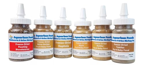 Aquatic Foods Inc. 6-Pack of Bloodworms, Brine Shrimp, Daphnia, Mysis Shrimp, Rotifers, Tubifex Powder & Bits for Freshwater Fish, Marines, Corals, Anemones, Baby Pond Fish…6 x SM Squeeze Bottles