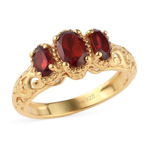 3 Stone Garnet Ring for Women in 14K Gold Plated 925 Sterling Silver - January Birthstone Promise Engagement Vintage Red Garnet Jewelry Birthday Gifts Size - 7