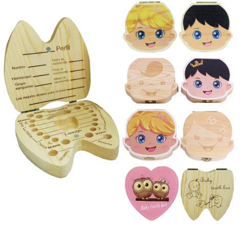 Matey English/Spanish Wooden Baby Tooth Box Organizer Milk Teeth Storage Umbilical Lanugo Save Collect Baby Souvenirs Gifts