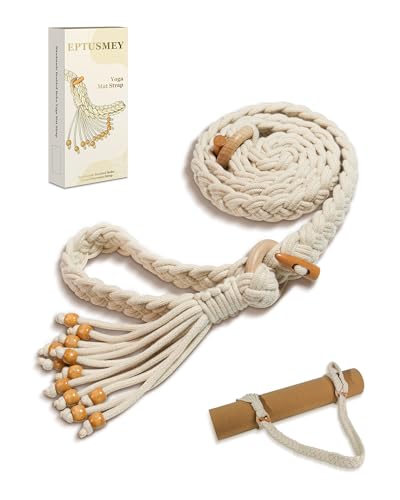 Eptusmey Yoga Mat Straps for Carrying, Handmade Braided Boho Bead Tassel Macrame Strap, Adjustable Thick Yoga Mat Carrier/Holder/Organizing, Stretching Band, Gifts for Women (Mat Not Included)