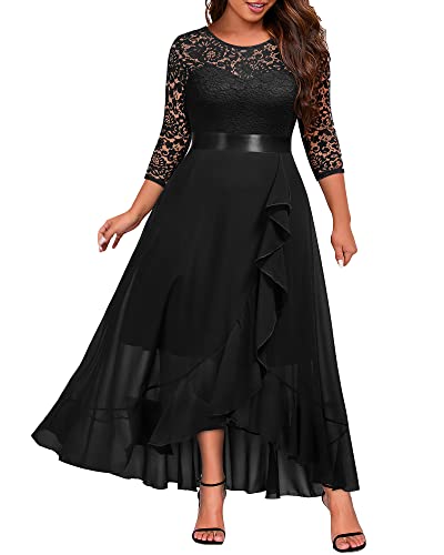 Miusol Women's Plus Size Formal Elegant Ruffle Floral Lace Bridesmaid Maxi Dress Black