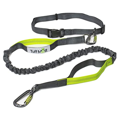 Tuff Mutt Hands-Free Waist Leash for Dog Walking, Running and Hiking, Carabiner Clip, Adjustable Belt with Double Handle, Reflective Bungee Design for Large & Medium Dogs