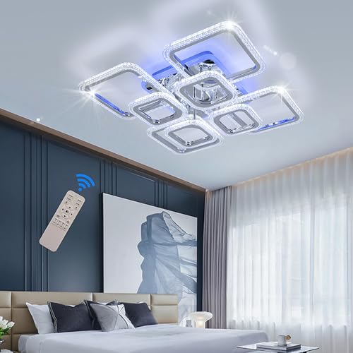 STCH Modern LED Ceiling Light Dimmable,23.6” Flush Mount Ceiling Light,8 Squares Chrome Acrylic Remote Control Chandelier Lighting Fixture for Living Room Office Dining Room Kitchen Bedroom,100W