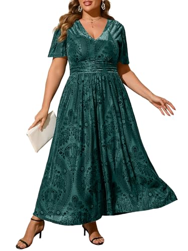 Simplee Womens V Neck Plus Size Velvet Dress Holiday Winter Christmas Party Long Formal Dress for Wedding Guest (2XL Dark Green)