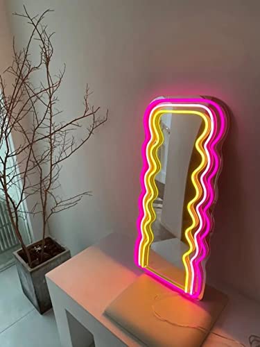 Custom Wavy Wiggle LED Neon Mirrior, Personal LED Light Home Decor Bedroom Led Cool Mirror Sign Vintage Magic Mirror Handmade Gift For Her (12"x22", 2 Line Colors)