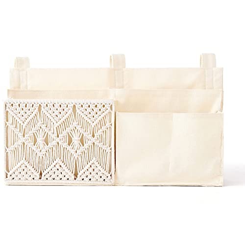 Mkono Bedside Caddy Hanging Organizer, Bunk Woven 7 Pockets Bed Storage Bag Boho Remote Magazine Books Holder with Macrame for Loft Bed College Dorm Bedroom Baby Bed Rails, Ivory