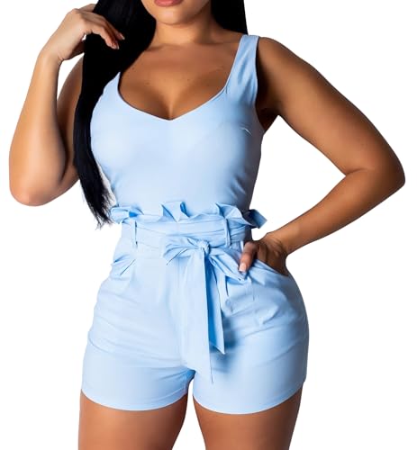 Women Casual Strap Baby Blue Rompers Summer Cute Boat Neck Ruffles Short Pants Backless Outfits with Belt Pockets Zipper(Large)