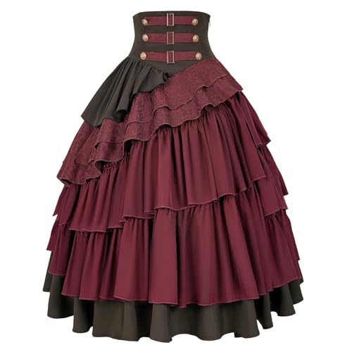 IWQBQ Women's Steampunk Gothic Skirt Pirate High Waisted Layered Ruffle Skirt(Z2886RD,M)