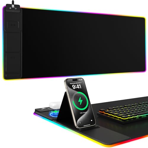 Mouse Pad with Phone Holder, Wireless Charging Desk Mat, RGB Gaming Mousepad Home Office Large Desk Pad with Ultra-Smooth Surface, Non-Slip Base, Waterproof Keyboard Pad, Classic Black Desk Mat