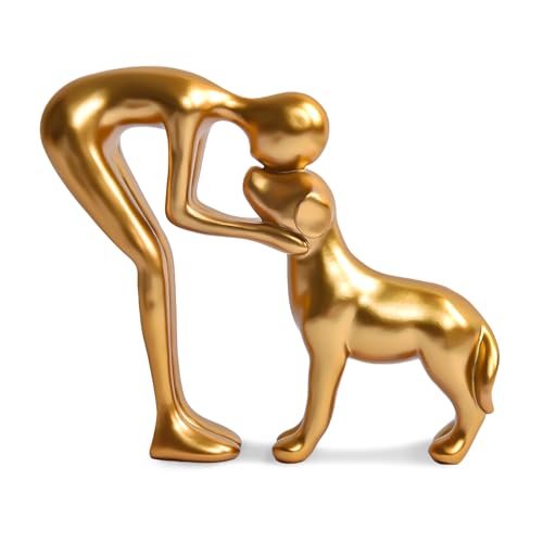 FriyGardcn Cute Pet Sculpture Home Decor Man and Dog Statue Decoration for Office、Living Room、Bedroom、Home， Memory Gifts for Dog Lovers (Golden)