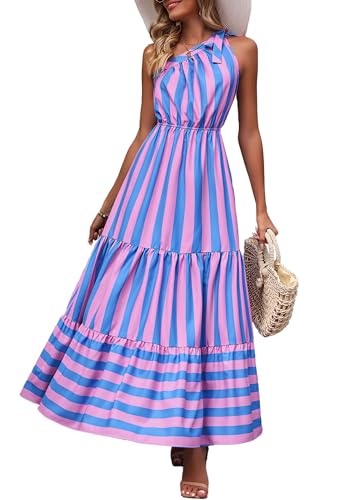 PRETTYGARDEN Women's Summer Floral Maxi Dress Knot One Shoulder Sleeveless Ruffle Flowy Boho Beach Wedding Guest Dresses (Blue Pink Stripe,Medium)