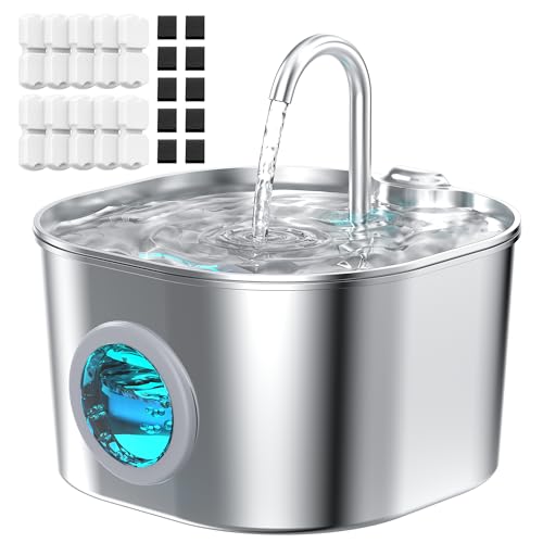 HOOISE Cat Water Fountain with 10 Filters + 10 Sponges,Pet Fountains Cats Automatic Waterer Bowls for Drinking Small Dog Water Dispenser Indoor Metal Pets Water Faucet Bottle Kitty Watering Supplies