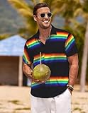 COOFANDY Men Rainbow Stripe Hawaiian Shirts Button Down Short Sleeve Beach Shirts Pride Month