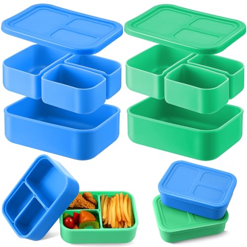 Baderke 2 Pcs Silicone Bento Box for Kids Lunch Box with 3 Compartments Leak proof lunch Container for Children Toddlers for Microwave, Freezer and Dishwasher(Light Blue, Light Green)